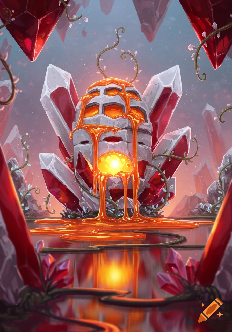 Fantasy digital art of a stone hive-like structure dripping glowing orange liquid, surrounded by red and white crystals and luminous vines.