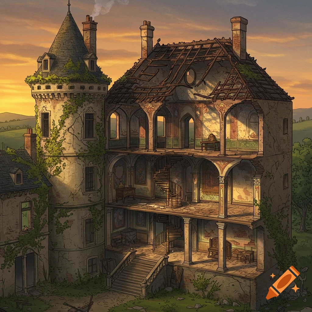 Illustration of a ruined chateau in cross-section at sunset, showing exposed rooms, a winding staircase, and ivy-covered walls.