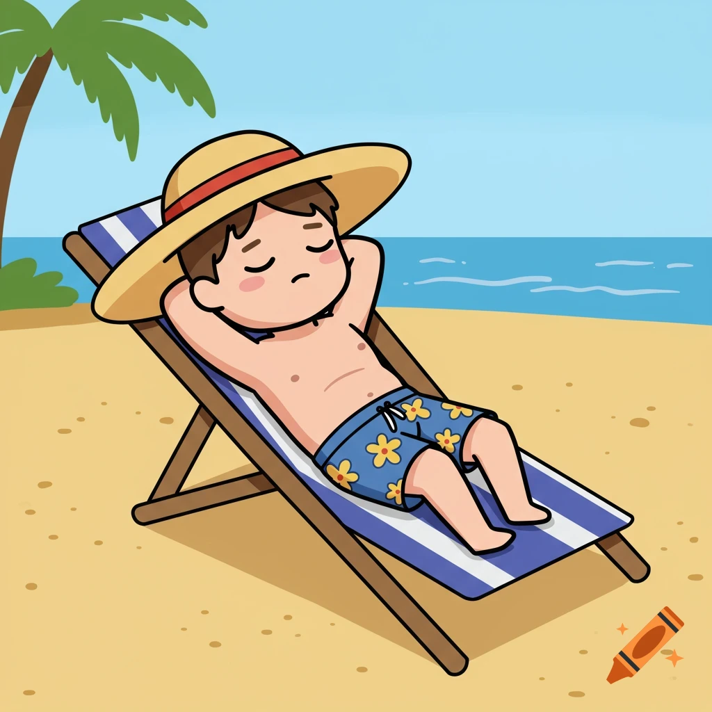 Cartoon illustration of a man napping on a blue and white striped beach chair under a straw hat on a sandy beach with a palm tree and the ocean in the background.