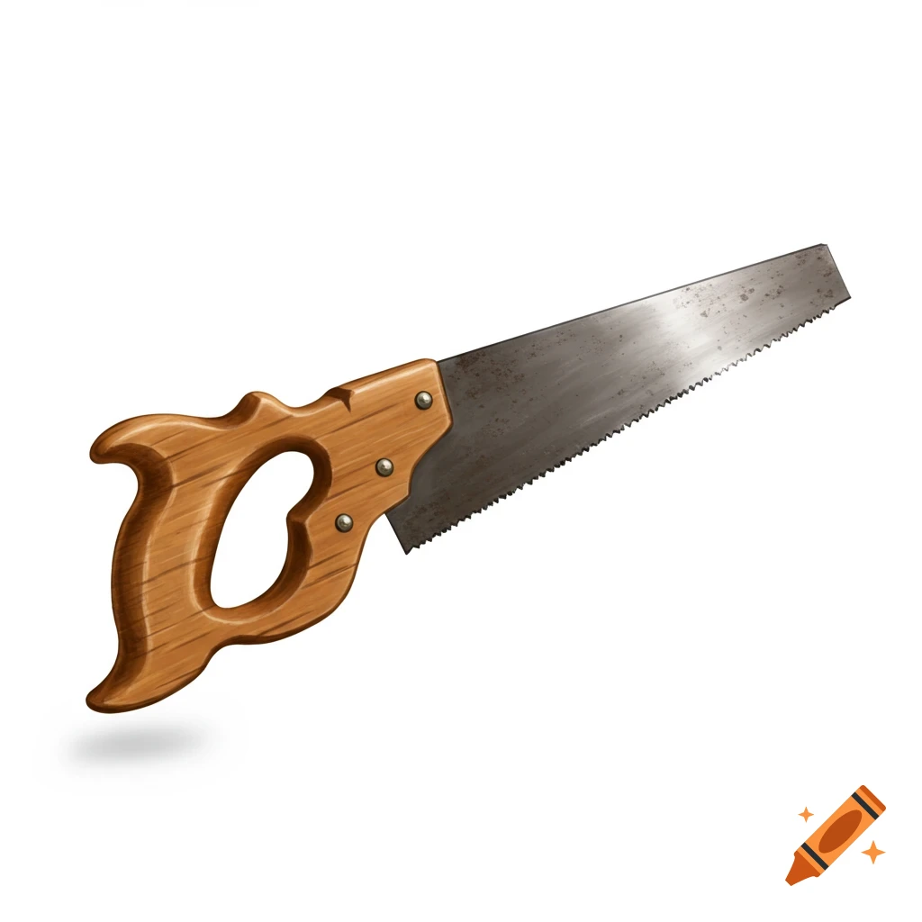 A detailed illustration of a hand saw with a wooden handle and a metal blade, floating on a white background.