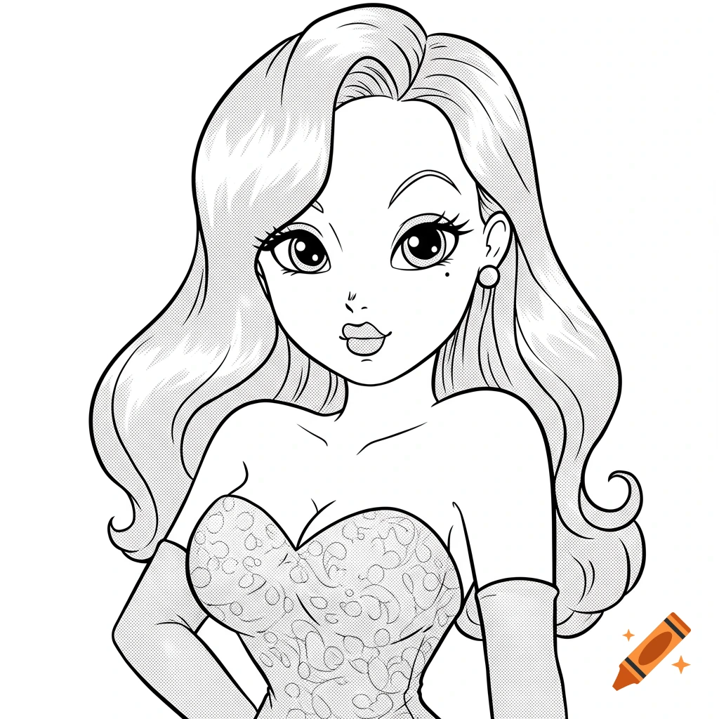Black and white line art coloring page of a cartoon woman with large anime eyes and a strapless dress.