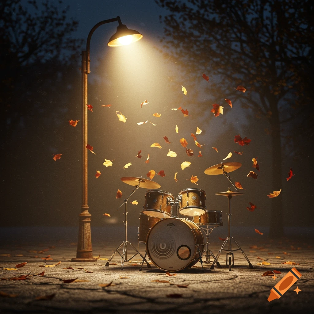 A drumset sits on an empty street under a glowing street lamp, surrounded by swirling autumn leaves at night.