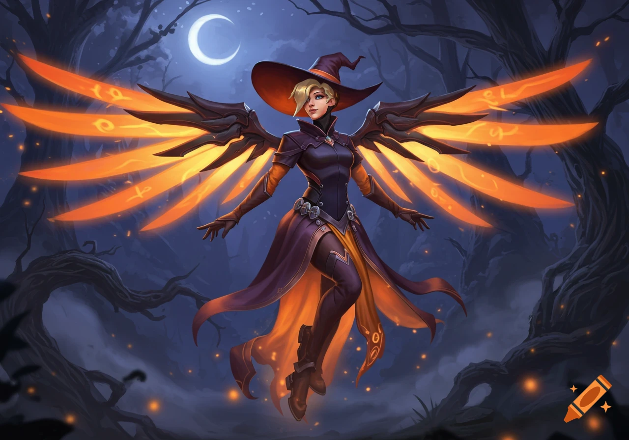 An illustration of Mercy from Overwatch in her Witch skin, with glowing orange wings, a witch hat, and purple dress, flying at night in a spooky forest under a crescent moon.