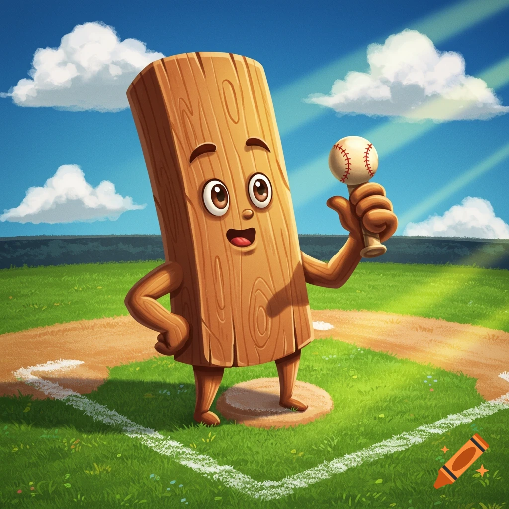 A cheerful cartoon wooden plank character with arms and legs stands on a baseball pitcher's mound, holding a small bat topped with a baseball.