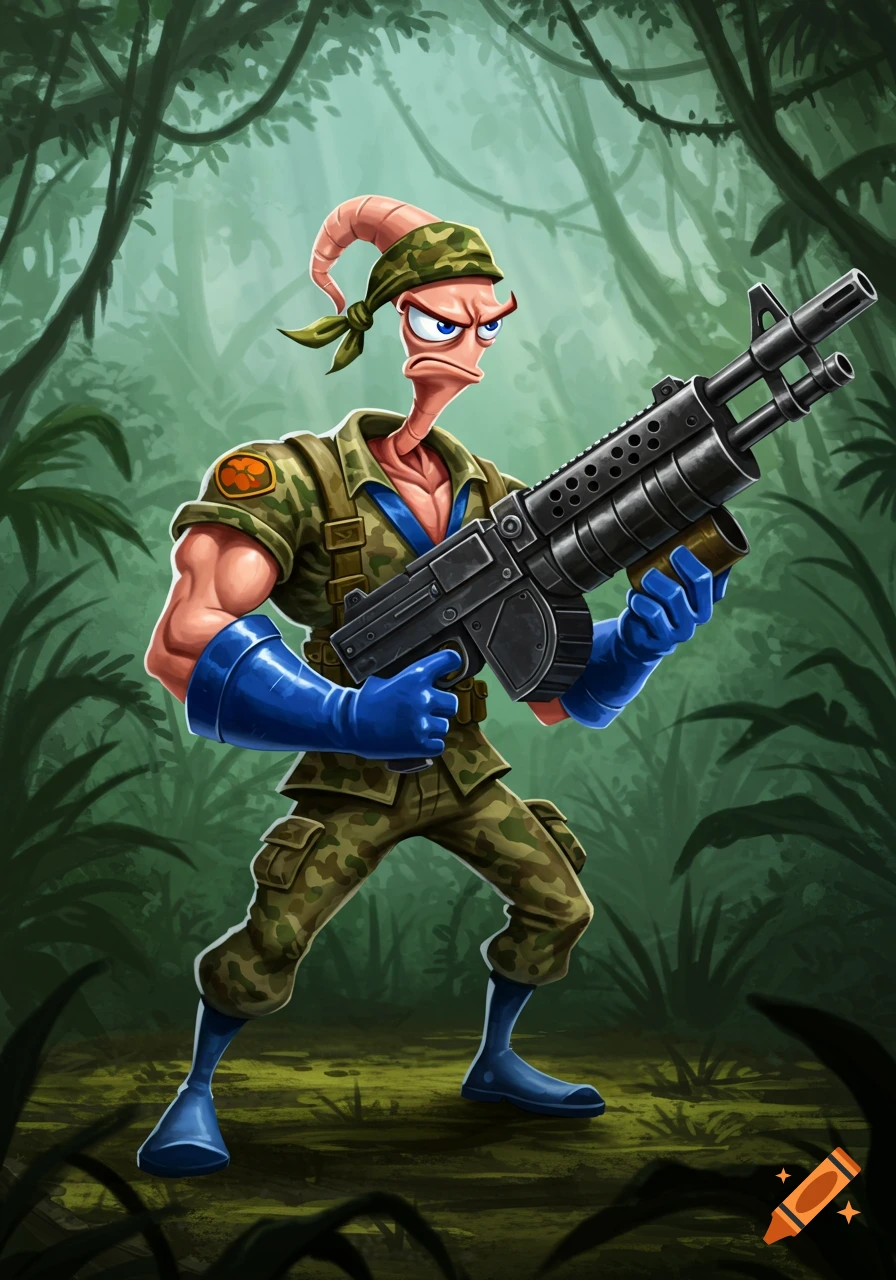 Earthworm Jim, a worm-like character, wears a camouflage uniform and bandana, holding a large machine gun with a serious face in a jungle.