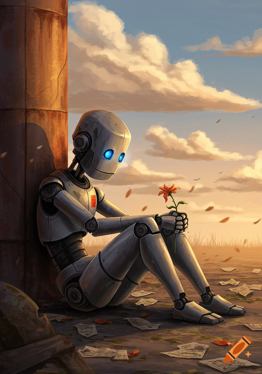A sad robot with glowing blue eyes sits by a rusty pillar, holding an orange flower, with papers and leaves on the ground at sunset.