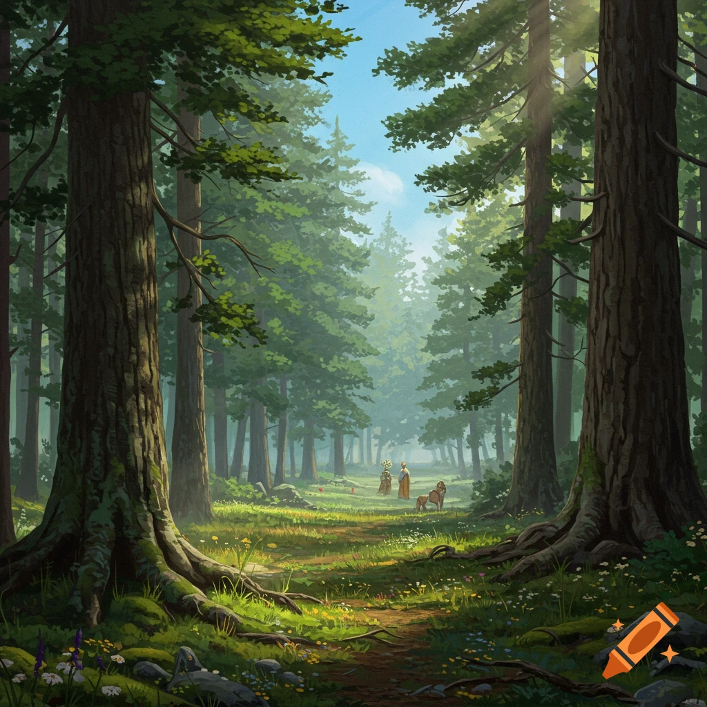 A sunlit, dense forest with tall trees, a mossy path, and small robed figures with an animal in the distance.