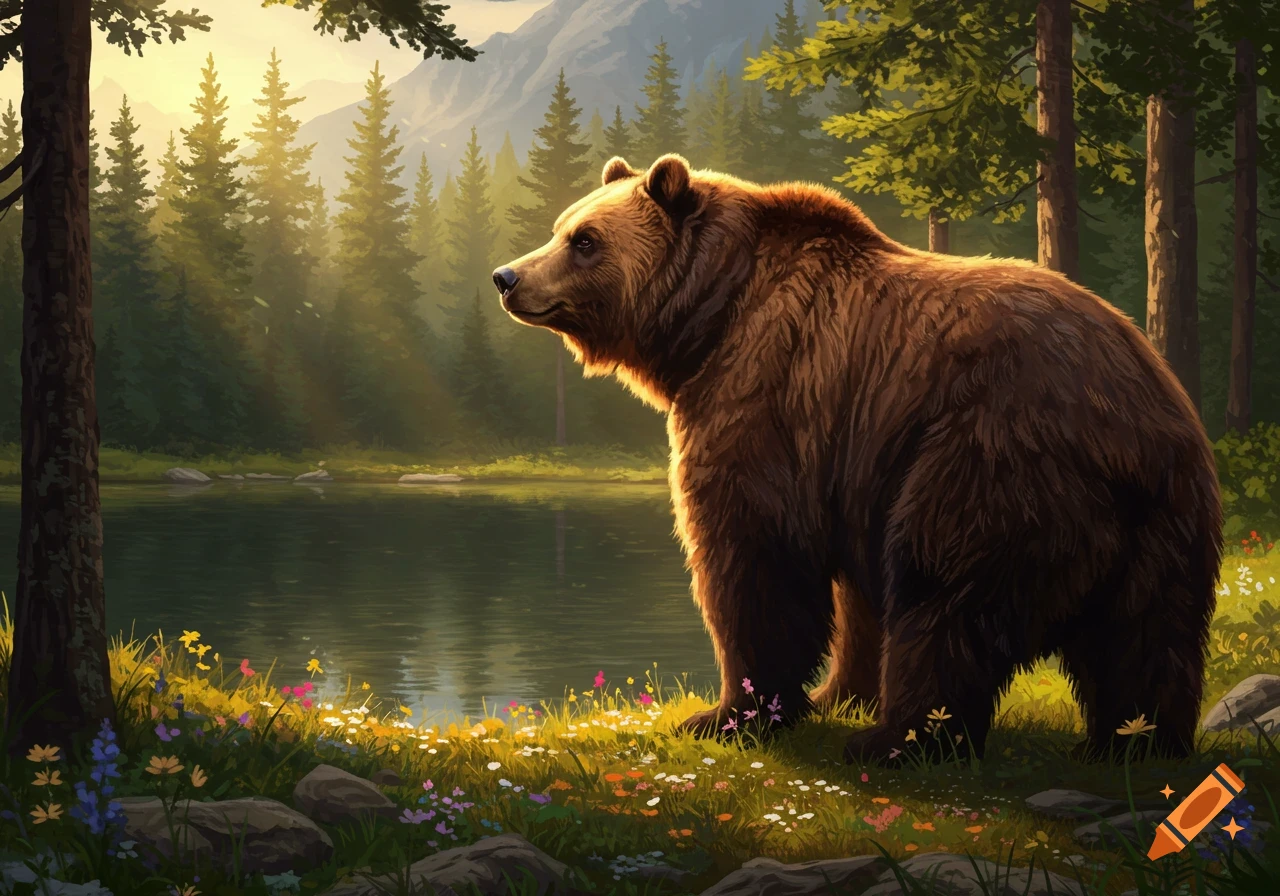 A majestic brown bear stands by a calm lake in a sun-dappled forest, with mountains in the background, digital art.