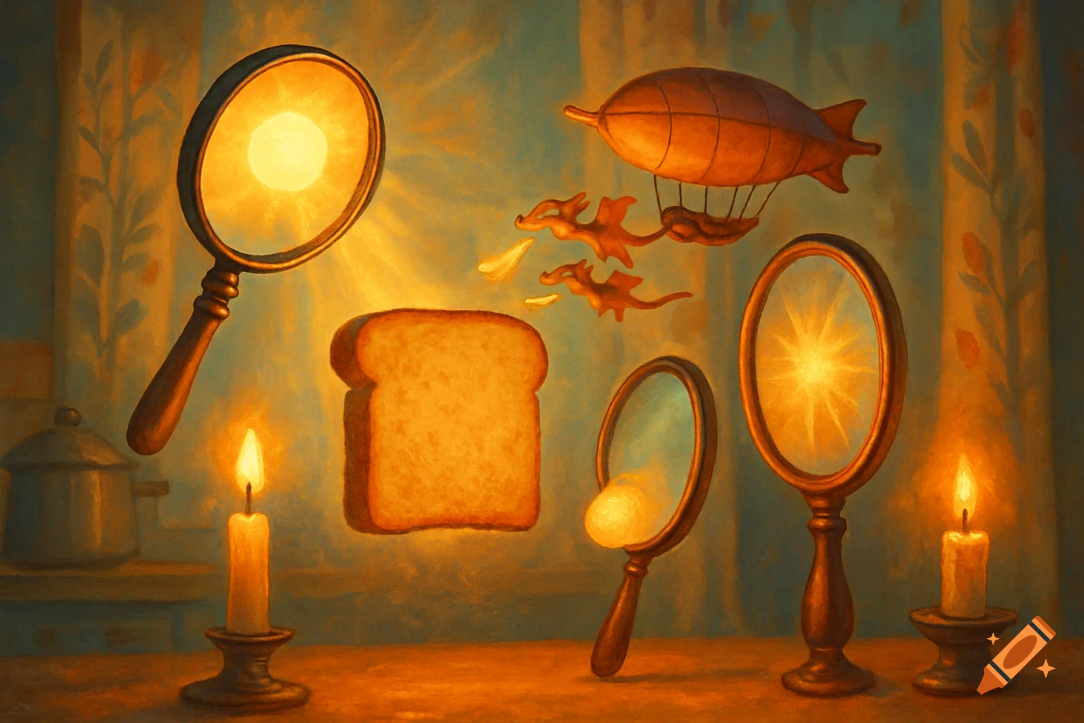 Surreal painterly image of glowing candles, magnifying glasses, mirrors, toast, an airship, and flying dragons.