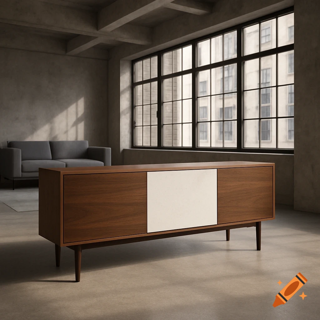 Modern wooden console table with a white center panel in a loft-style room with a large window.