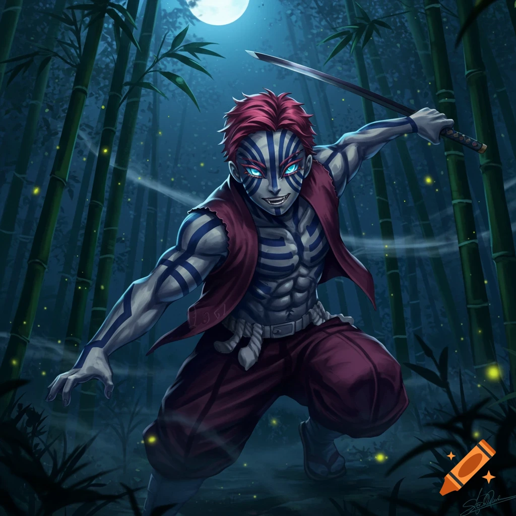 A muscular anime character with red hair, blue striped markings, and a sword, crouching in a dark bamboo forest under a full moon.