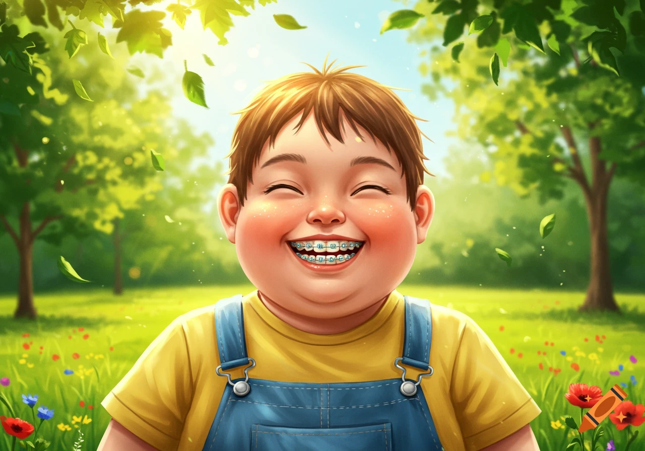 A happy cartoon child with dental braces smiles in a sunny park with green trees and colorful flowers.
