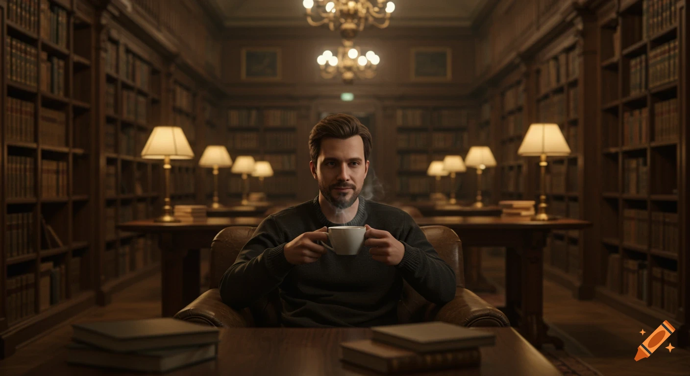 A photorealistic image of a man with a beard holding a coffee cup in a warm, classic library.