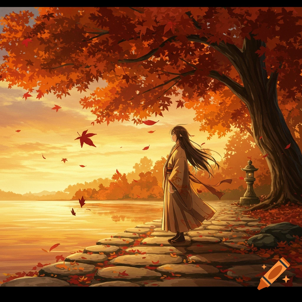 Anime character in traditional attire standing by a lake with vibrant autumn leaves under a warm sunset sky.