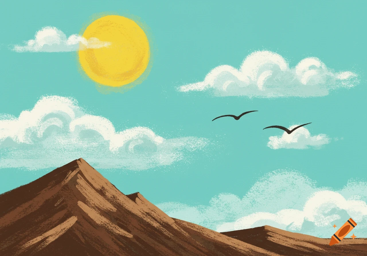 A vibrant illustration of brown mountains under a bright yellow sun and white clouds in an aqua blue sky, with two black birds flying.