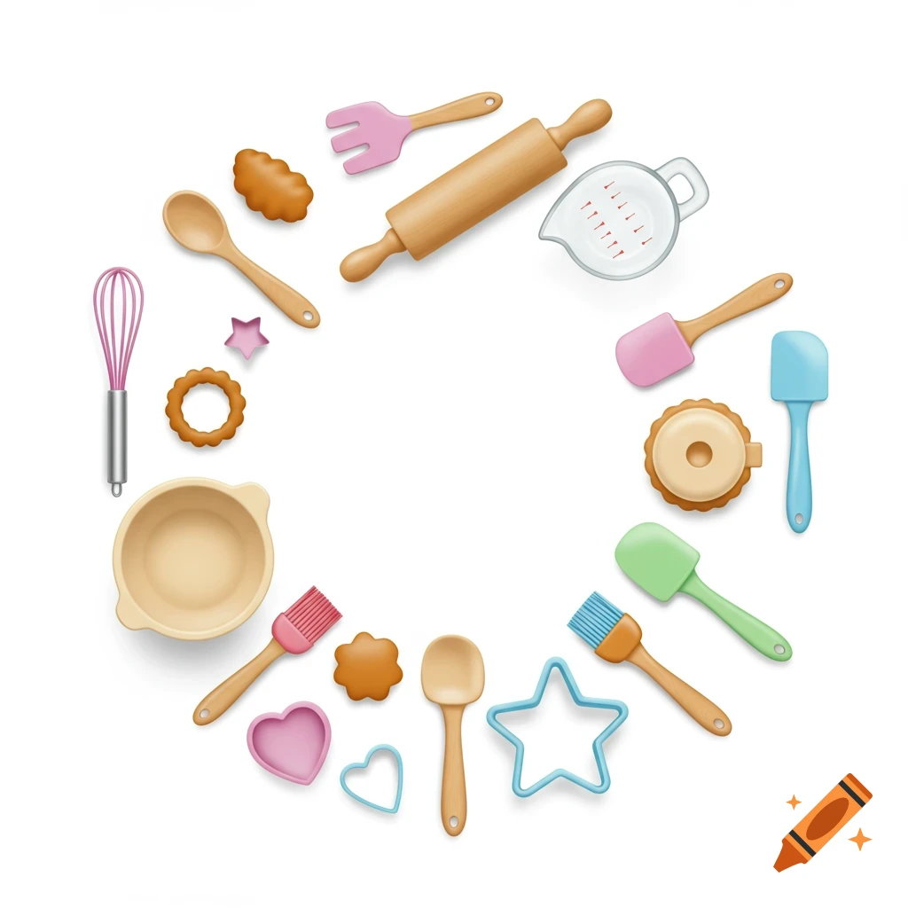 Colorful baking utensils including a whisk, rolling pin, spatulas, and cookie cutters arranged in a circle on a white background, cartoon style.