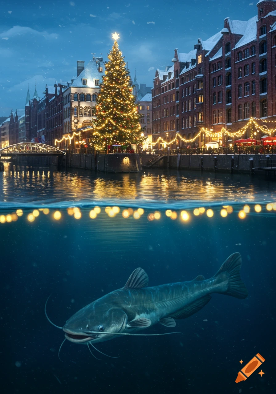 Photorealistic split view of a festive Christmas city canal with a large catfish swimming underwater.