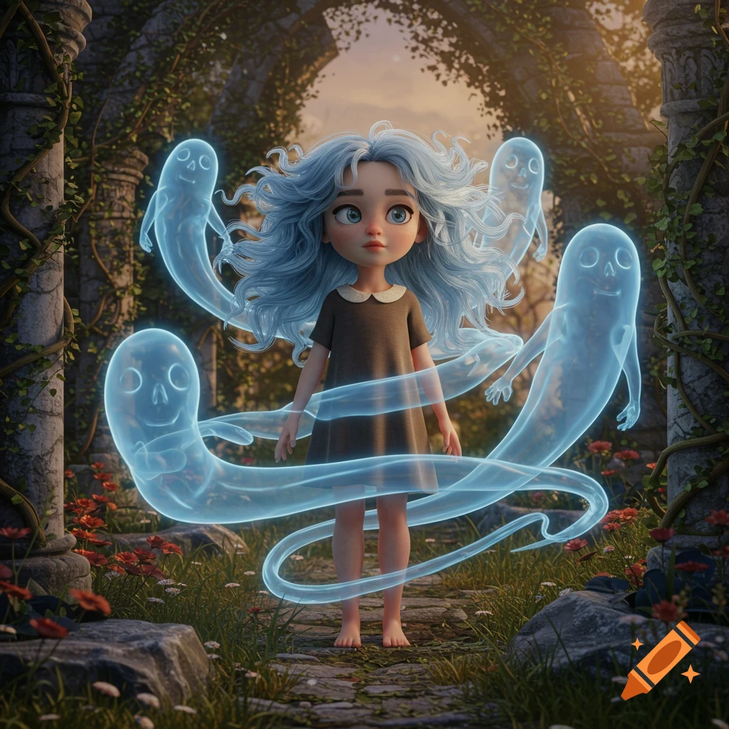 A stylized girl with blue hair and big eyes stands barefoot among glowing blue ghosts in an overgrown ancient ruin.