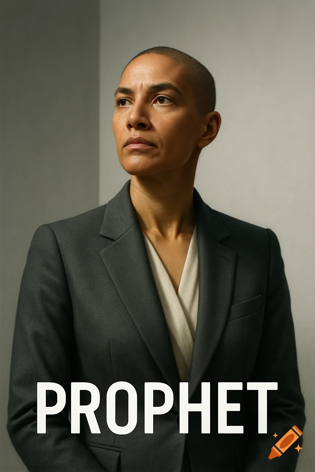 A serious person with a shaved head and dark suit looks upwards, with the title 'PROPHET' at the bottom.