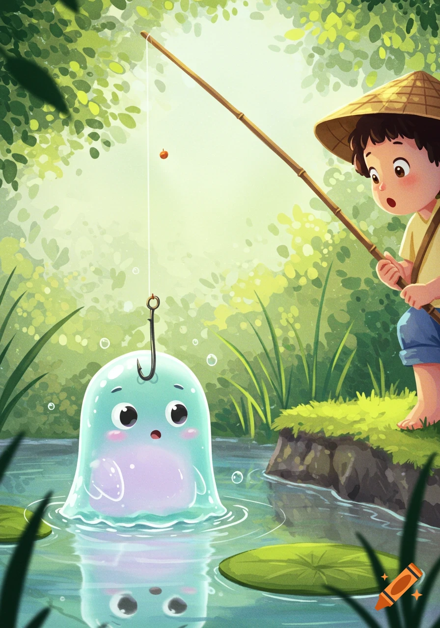 A cartoon boy with a conical hat fishes a surprised, light-blue, blob-like creature from a green-leafed pond in a bright forest illustration.