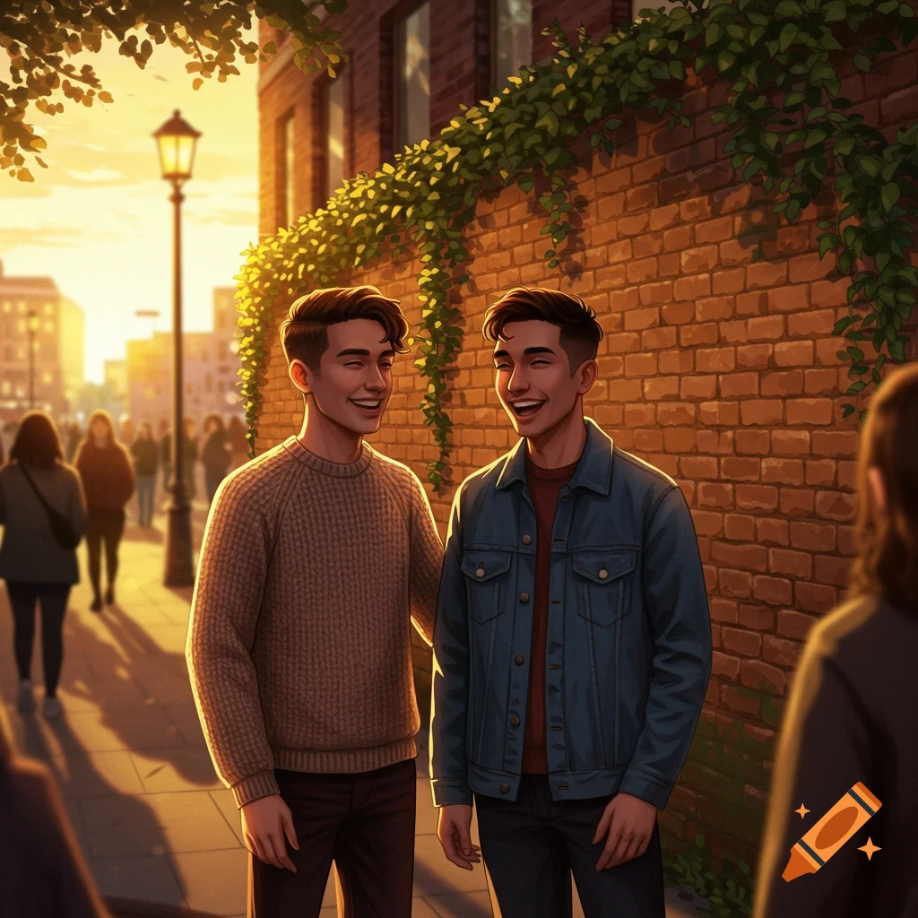Two smiling men chat on a sunlit city street with brick buildings and lush vines in a digital art style.