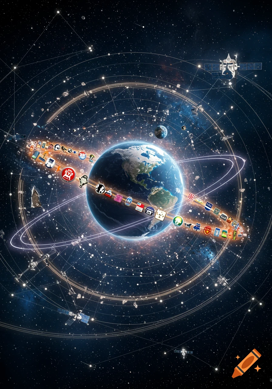 The Earth in space with glowing orbits, satellites, and a ring of diverse digital icons, symbolizing global interconnectedness.