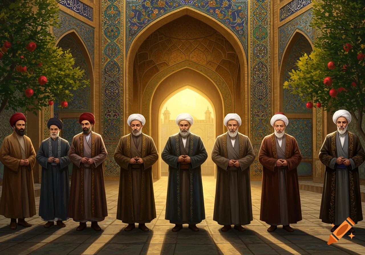 A line of seven bearded men in traditional robes and turbans stands before an ornate Iranian building with arches and colorful tile patterns.