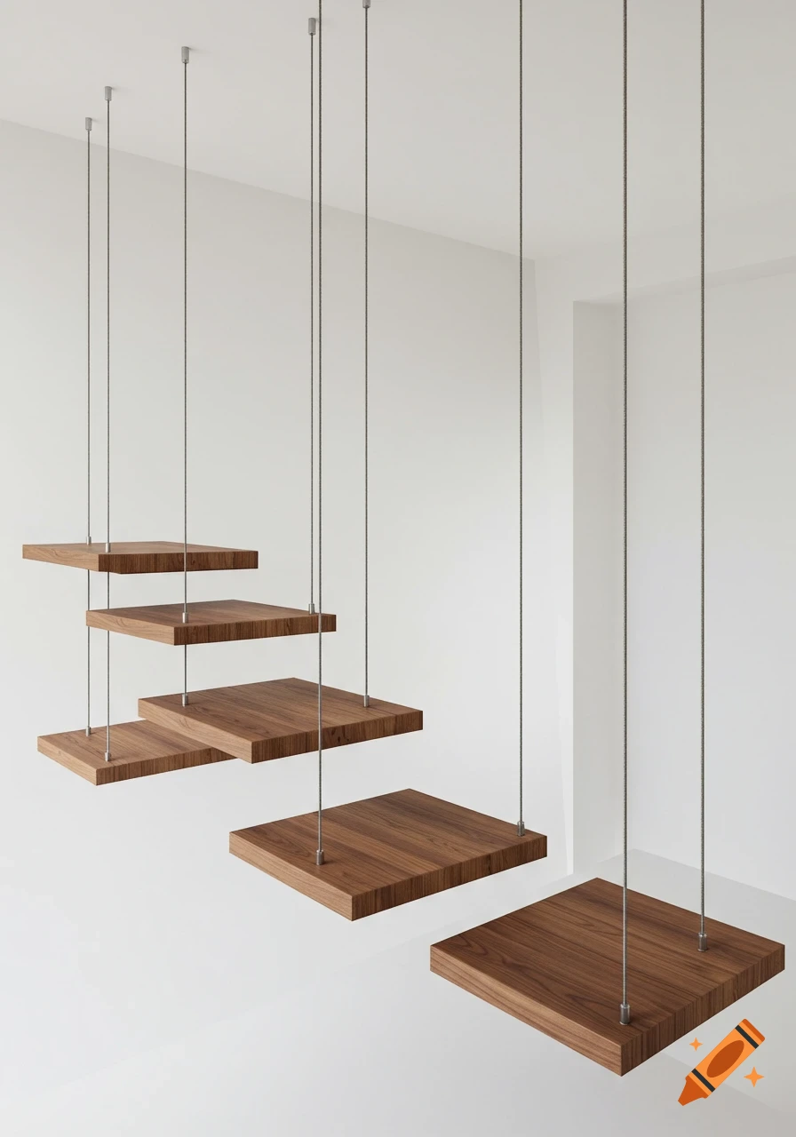 Minimalist floating wooden steps suspended by thin cables in a white room.