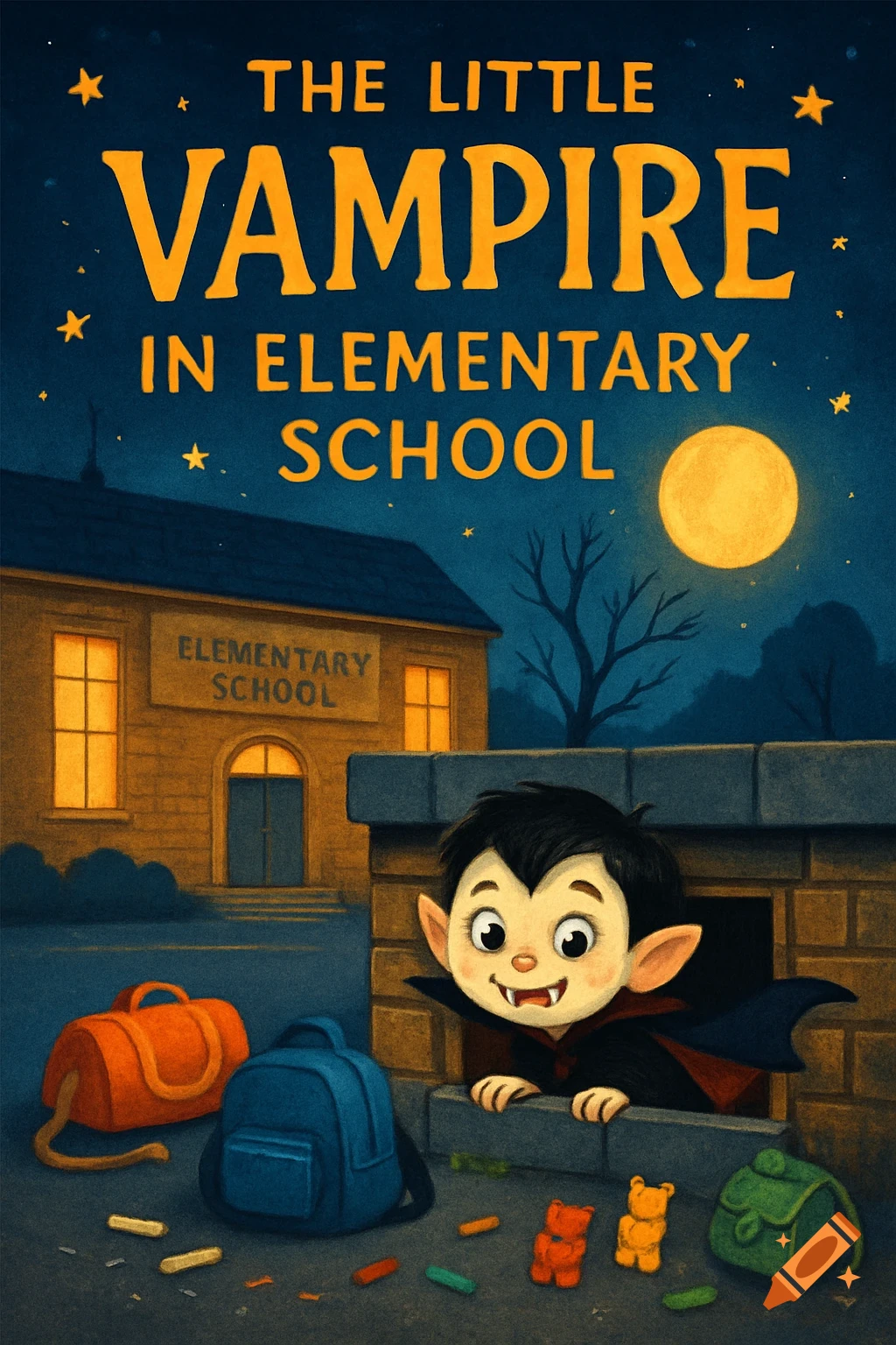 A cute vampire boy peeks from an elementary school window at night, surrounded by candy and bags in a children's book illustration style.