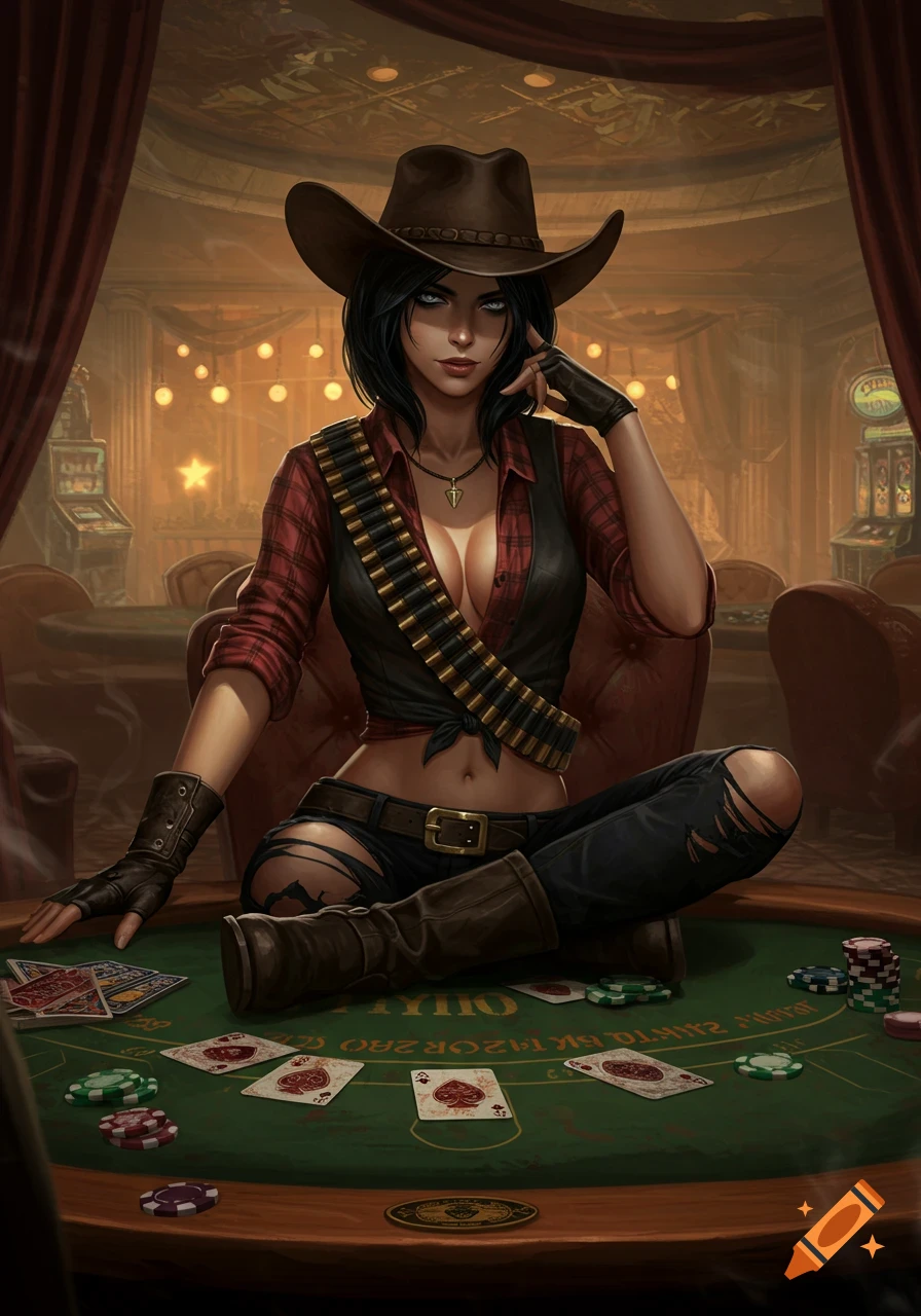 Digital art of a dark-haired cowgirl with a bandolier sitting at a casino table with playing cards and chips.