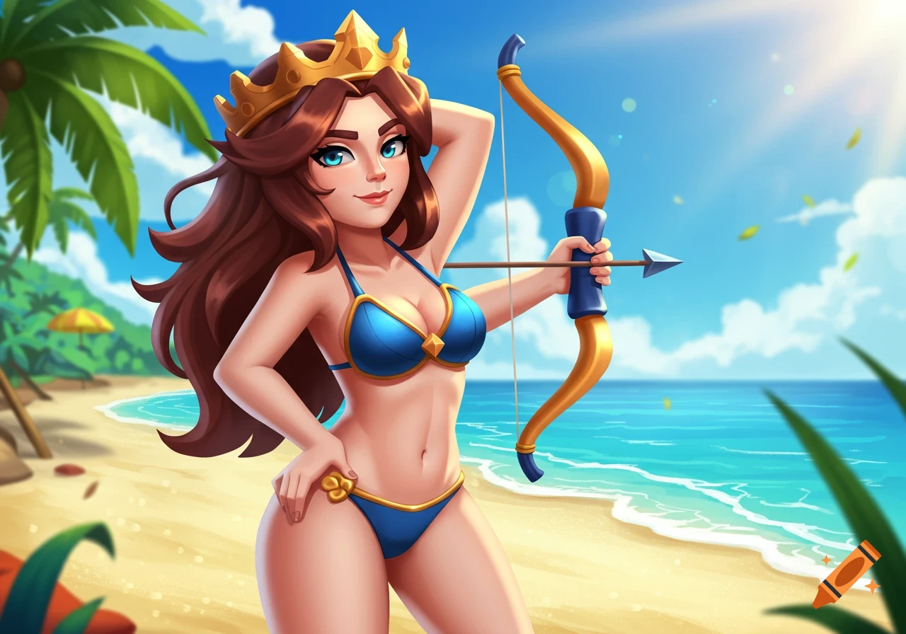An anime-style archer queen in a blue bikini and gold crown stands on a sunny beach, holding a bow and arrow.
