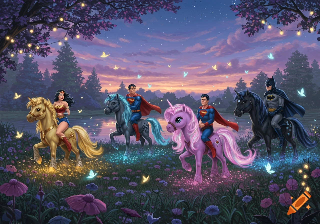 Wonder Woman, two Supermen, and Batman ride colorful unicorn ponies through an enchanted glowing meadow at sunset in a vibrant fantasy illustration.