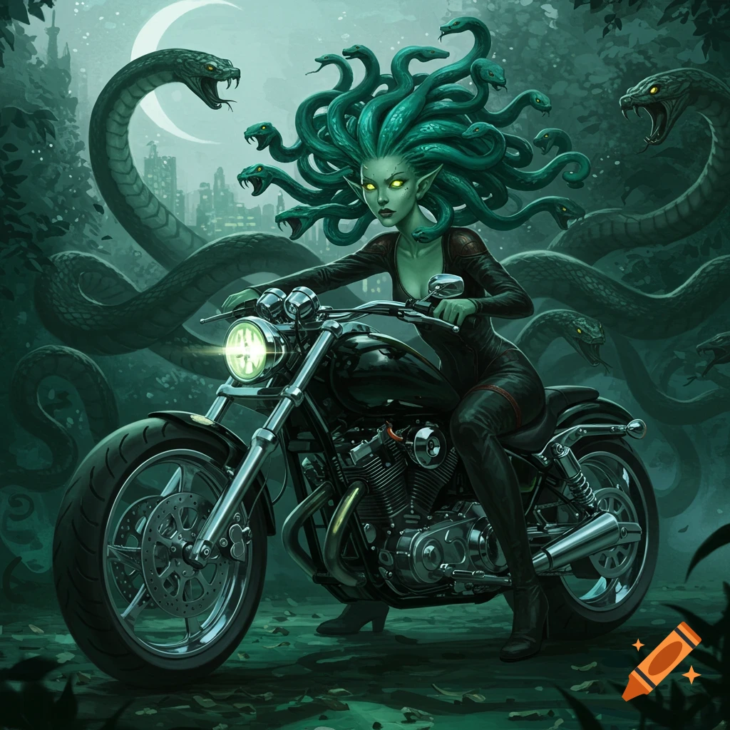 An illustration of a green-skinned gorgon with snake hair riding a black motorcycle, with large snakes in a dark, overgrown city background.