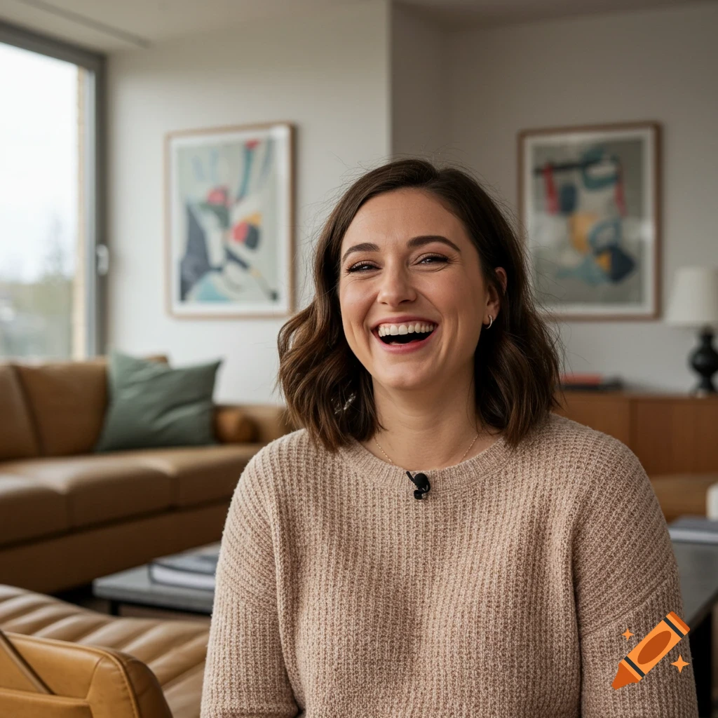A woman with short brown hair laughs heartily, looking directly at the camera in a modern living room.