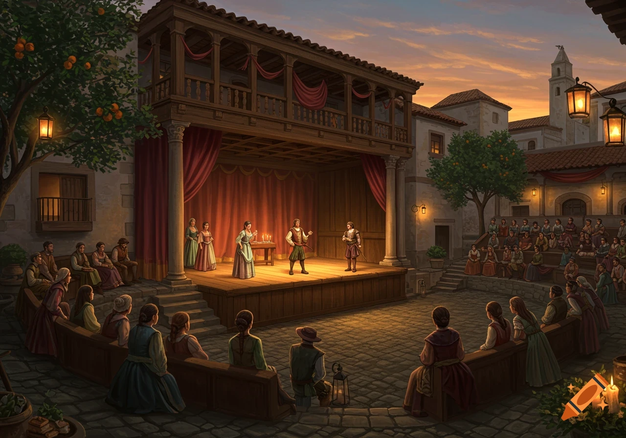 A 16th-century Spanish 'corral de comedias' outdoor theater at sunset, with actors performing on stage for a seated audience.