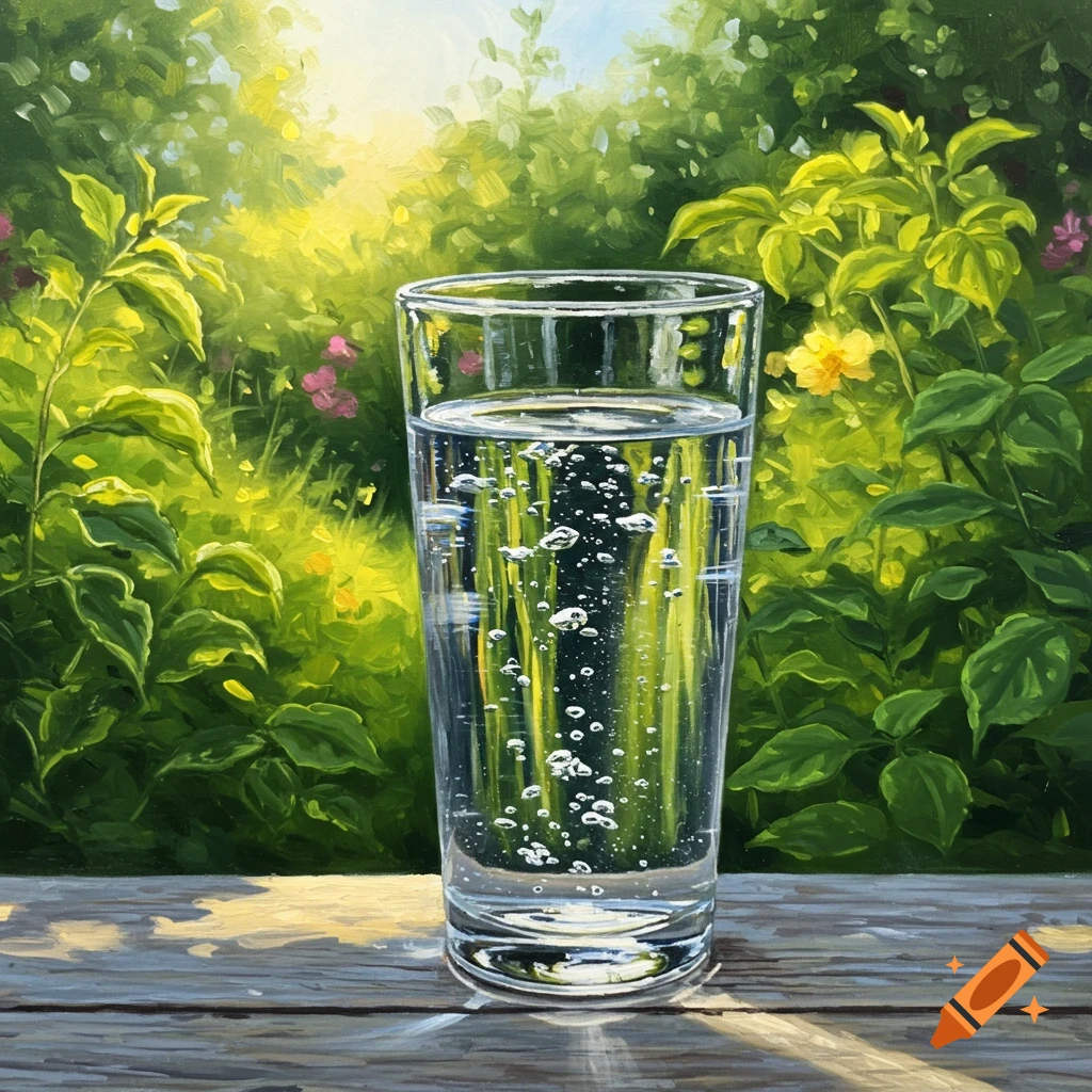 A glass of sparkling water with bubbles on a wooden table, against a vibrant, sunlit impressionistic garden backdrop.