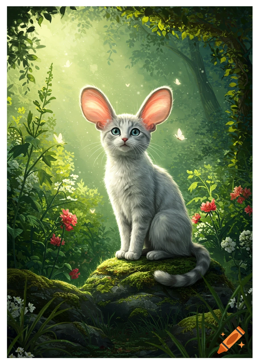 Whimsical white cat with large rabbit ears sits on a mossy rock in a sunlit fantasy forest with butterflies.