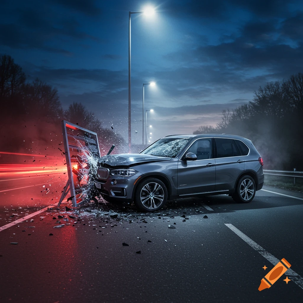 A gray BMW X5 SUV has crashed into a metal barrier on a highway at night, with shattered glass and debris around it. Red light trails are visible on the left.