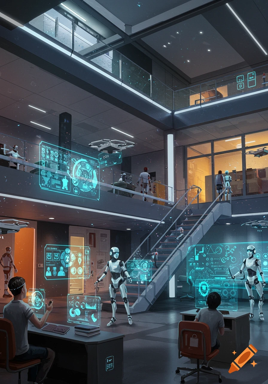 A multi-level futuristic school interior with students and robots interacting with holographic AI interfaces and drones flying overhead. Photorealistic style.