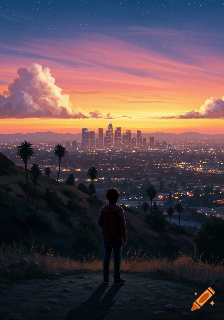 Anime illustration of a person on a hill overlooking the sprawling city of Los Angeles at sunset with palm trees.