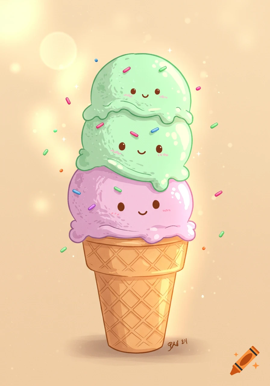 Cartoon ice cream cone with three smiling scoops (mint green, purple) and colorful sprinkles on a waffle cone.