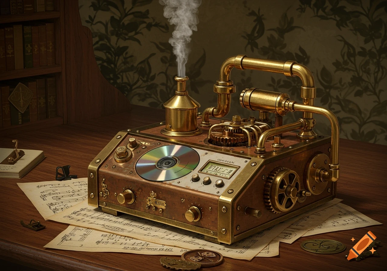 A detailed steampunk gas-powered CD player with brass pipes, gears, and gauges sits on a wooden desk with sheet music.