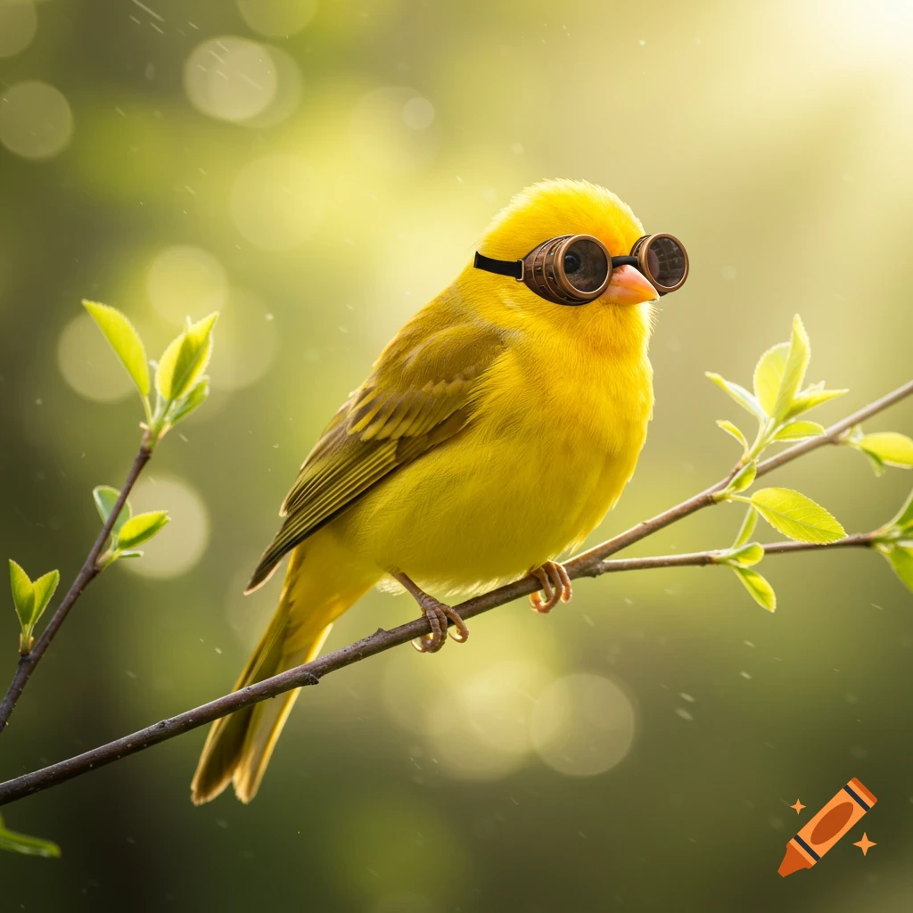A bright yellow bird wearing small brown goggles perches on a branch with green leaves, in a sunlit natural setting.
