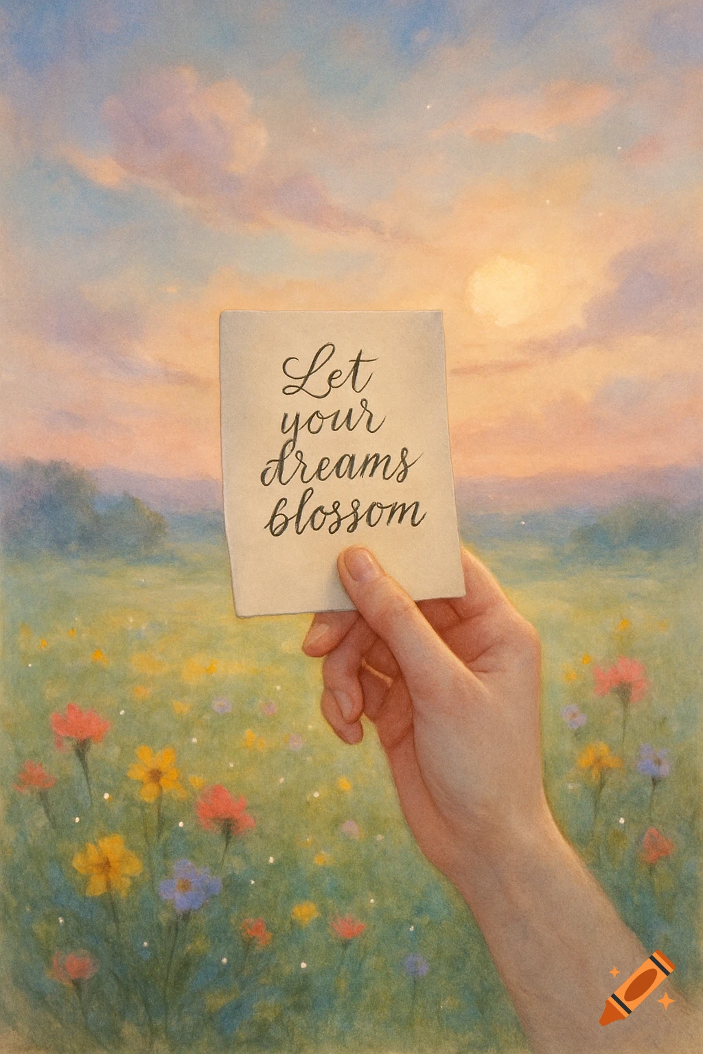 A hand holds a note with 'Let your dreams blossom' against a pastel field of wildflowers and a soft sunset sky, painted in a watercolor style.