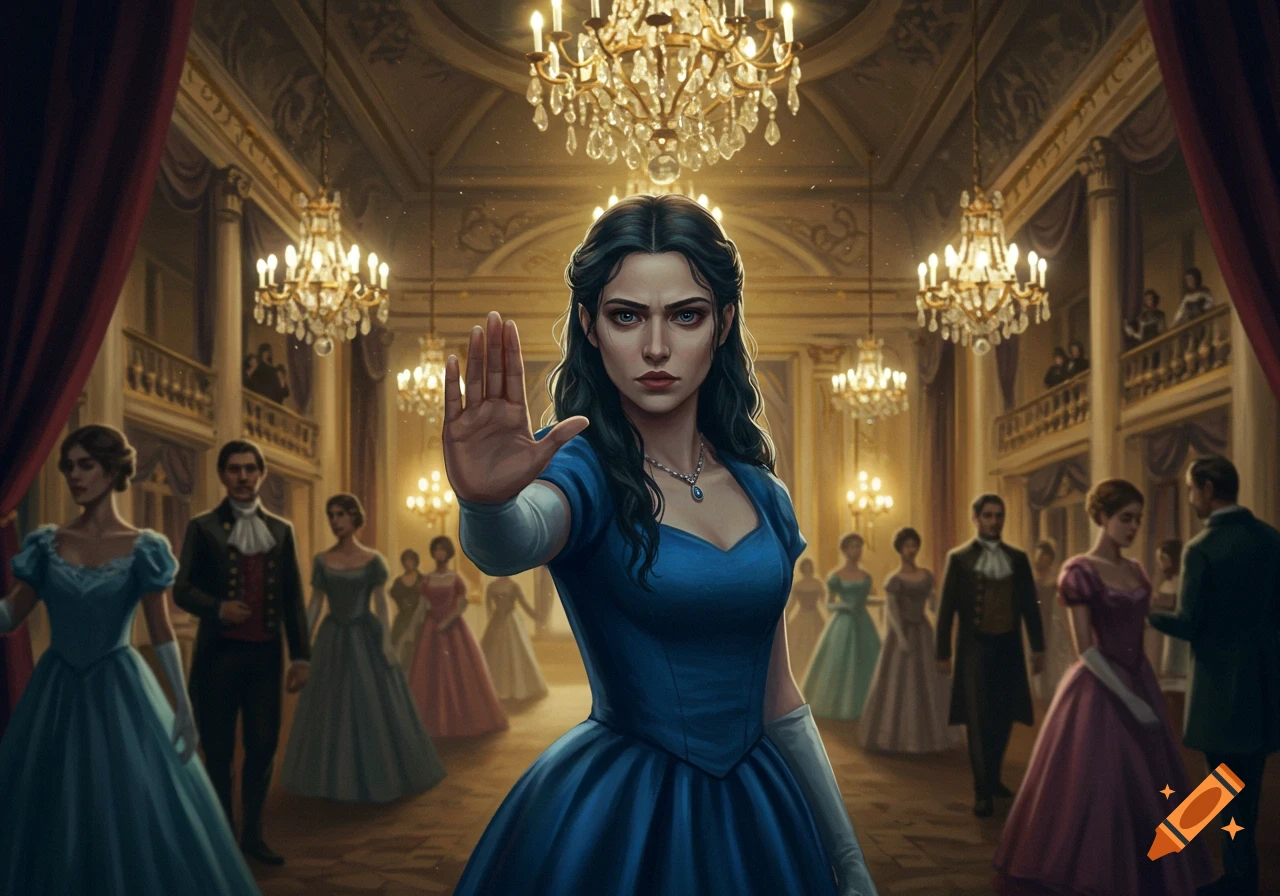 Determined woman in a blue gown holds up her hand in a stop gesture in a grand ballroom with guests. Illustration.