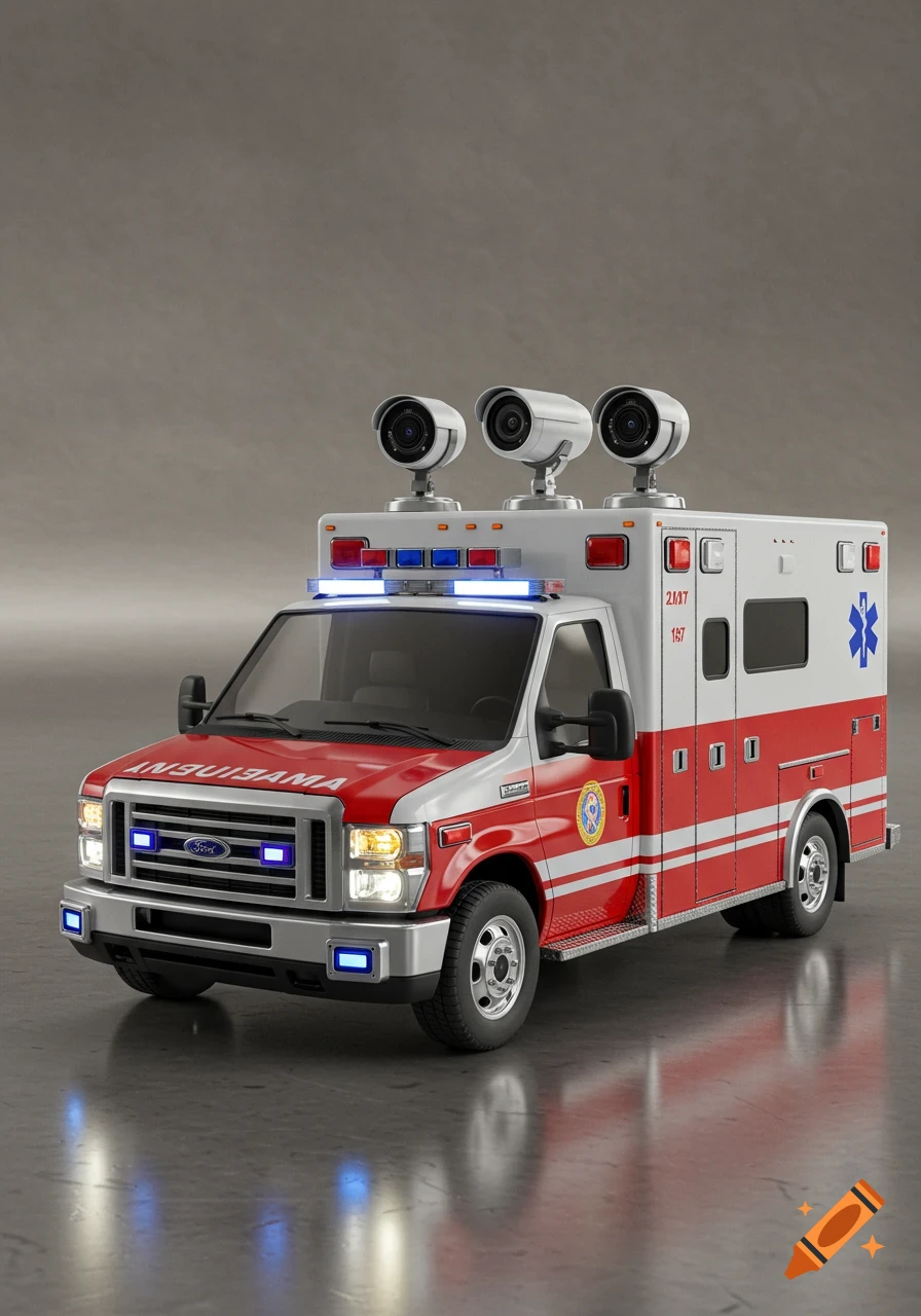 A red and white 3D ambulance with three surveillance cameras mounted on its roof, on a neutral gray surface.