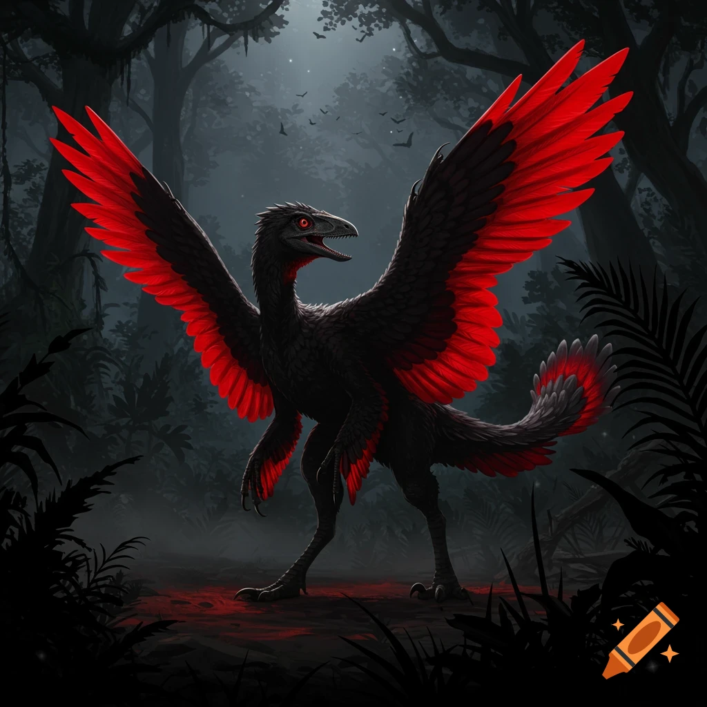 A black feathered dinosaur with bright red wings and glowing red eyes stands in a dark, moody jungle with red liquid on the ground.