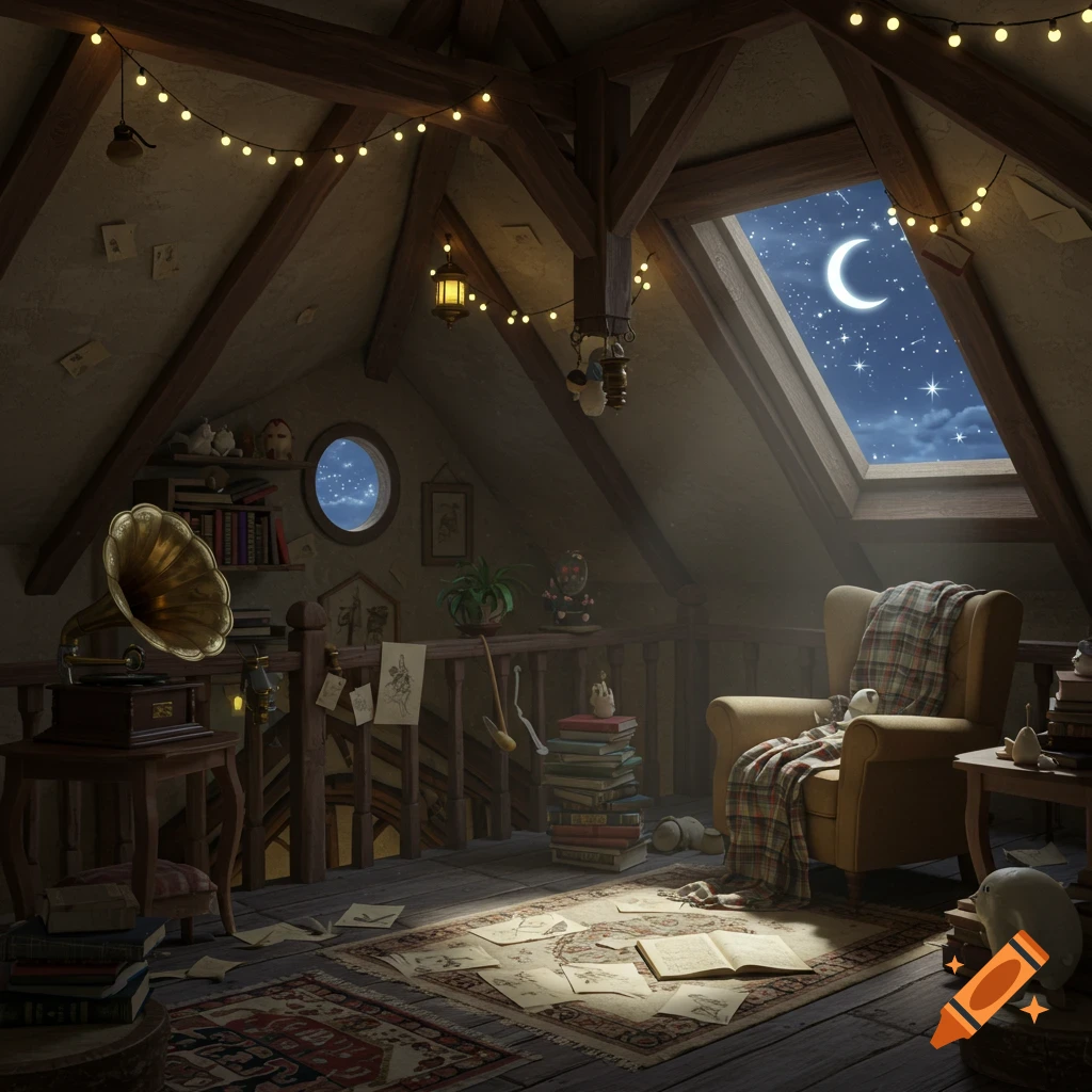 A cozy Studio Ghibli-style attic at night, with fairy lights, a gramophone, armchair, and a skylight revealing a crescent moon and stars.
