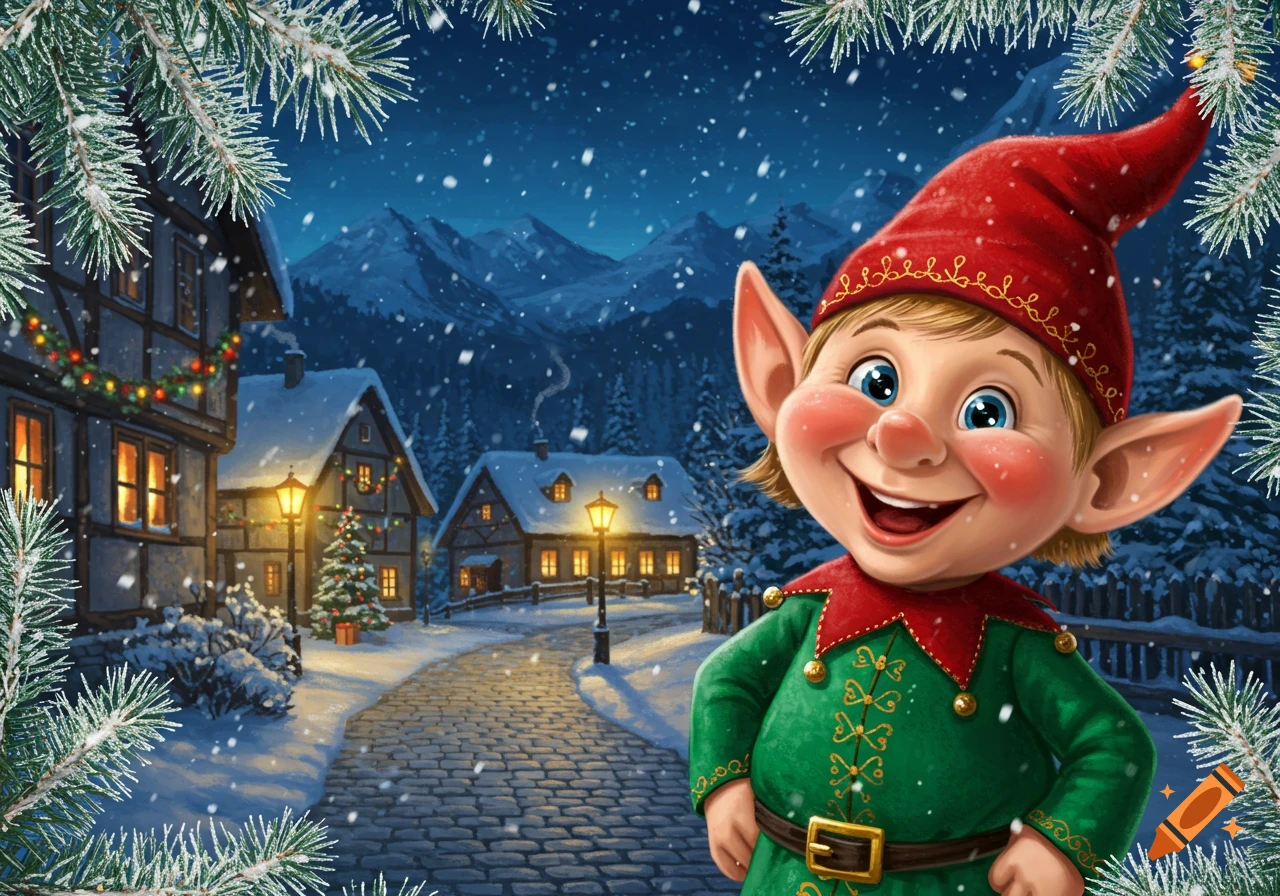 A cheerful Christmas elf in a snowy village with decorated houses, fir trees, and mountains, framed by frosted pine branches.