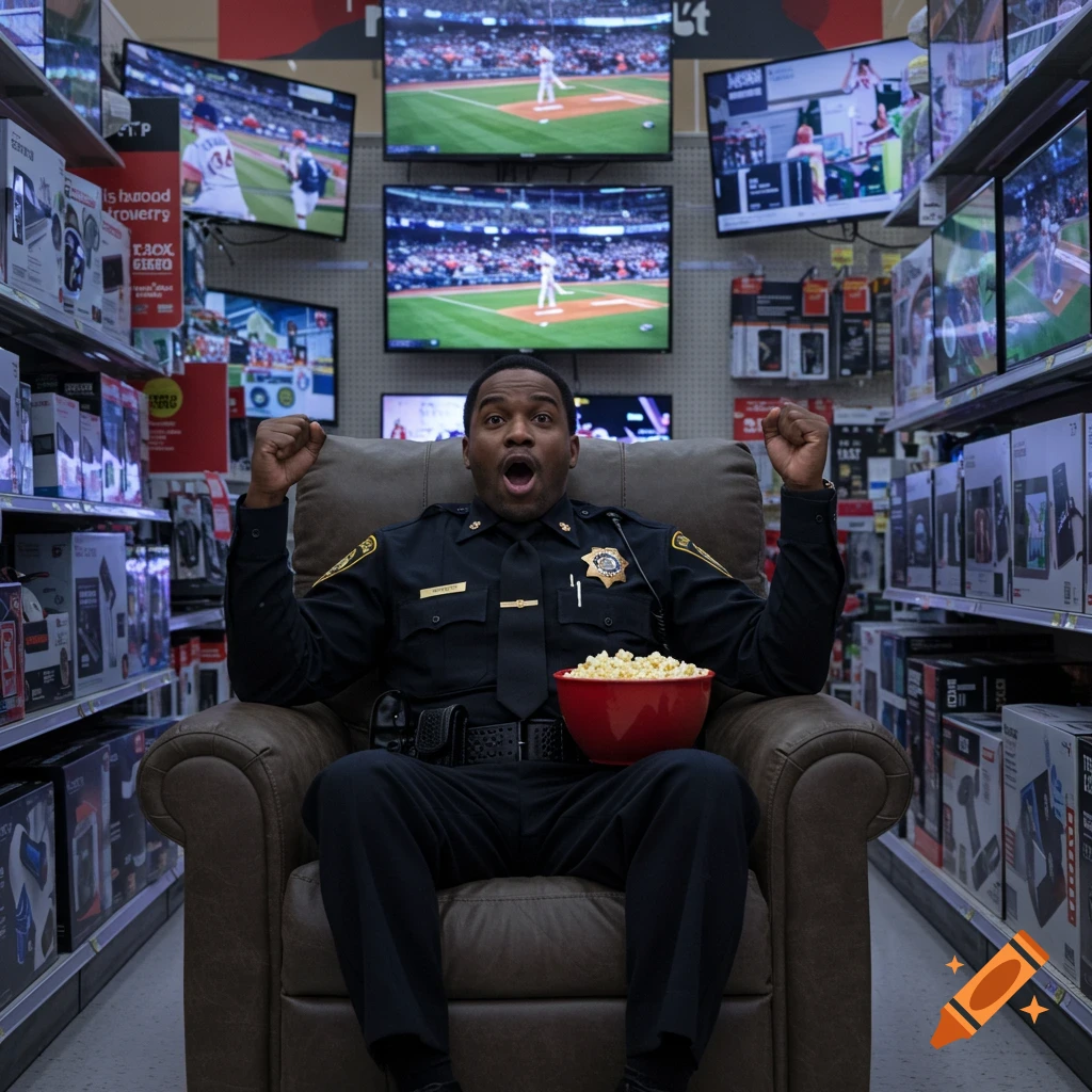 A Black policeman in uniform sits in a recliner in a TV aisle, mouth agape in excitement, holding a red bowl of popcorn, watching a baseball game on multiple screens.